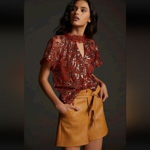 🤎 Anthropologie Sequin Sheer Ruffle Blouse – Brown/Rose Gold – Size Small
